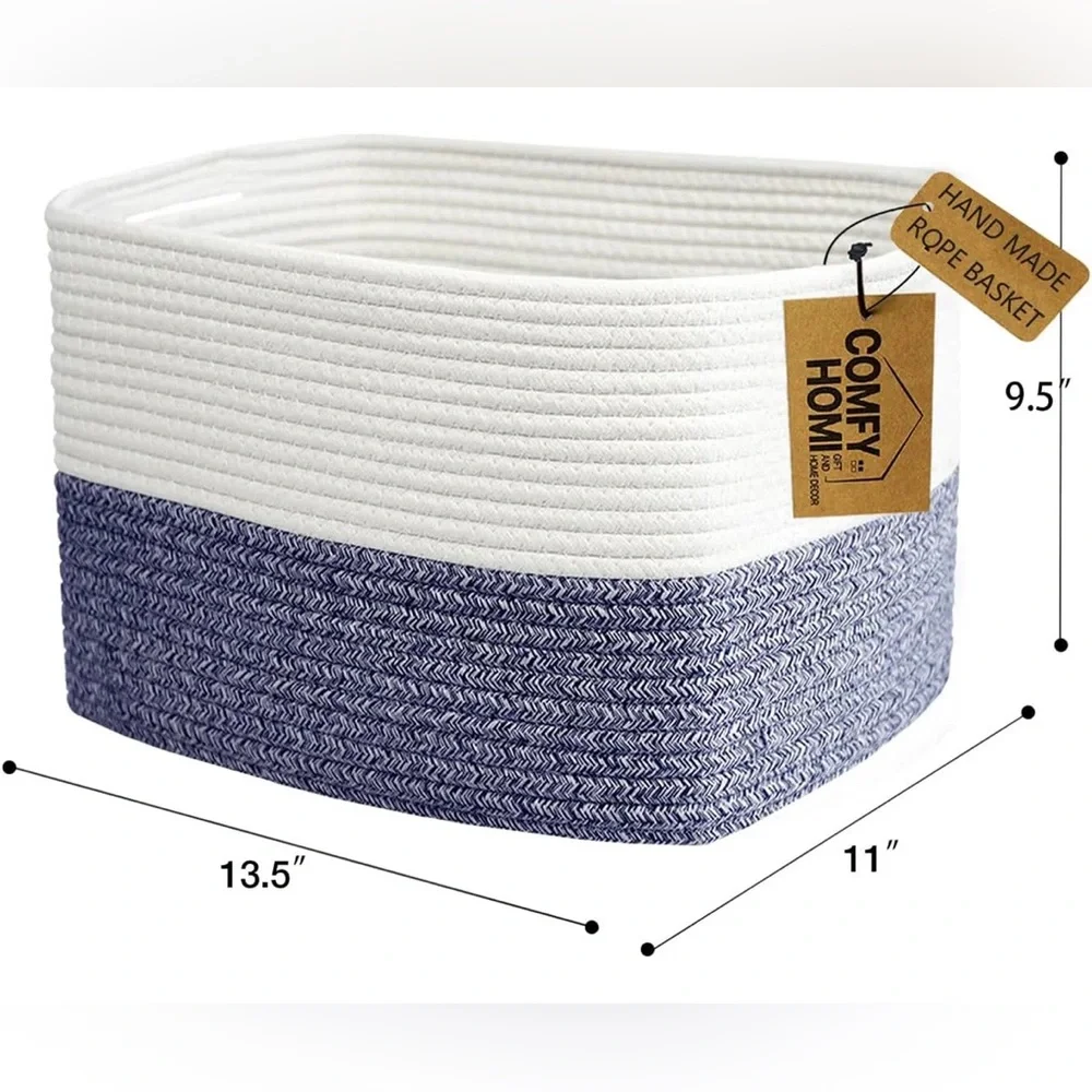 Comfy Homi Navy & White Cotton Rope Woven Storage Basket with Handles Brand New - Picture 2 of 4